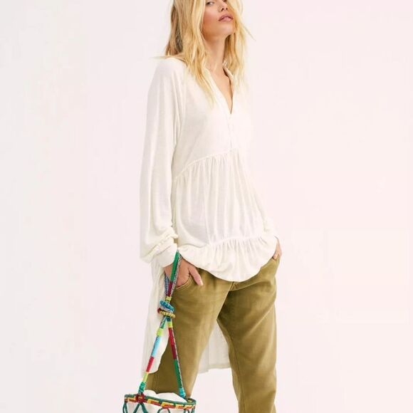 FREE PEOPLE Sz L TIERED BEST GIRL BUTTON LONG SLEEVE TUNIC DRESS IN IVORY - Picture 2 of 10